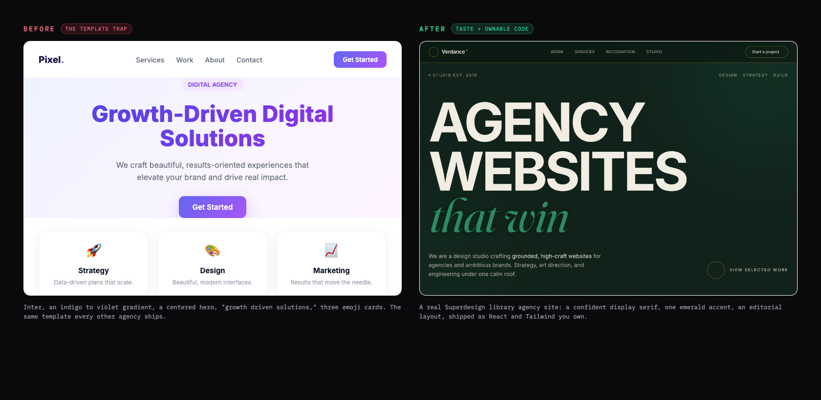 A generic AI agency template with an indigo gradient hero, 'Growth-Driven Digital Solutions' headline, and three emoji service cards next to a real Superdesign library agency site with a display serif headline and one emerald accent