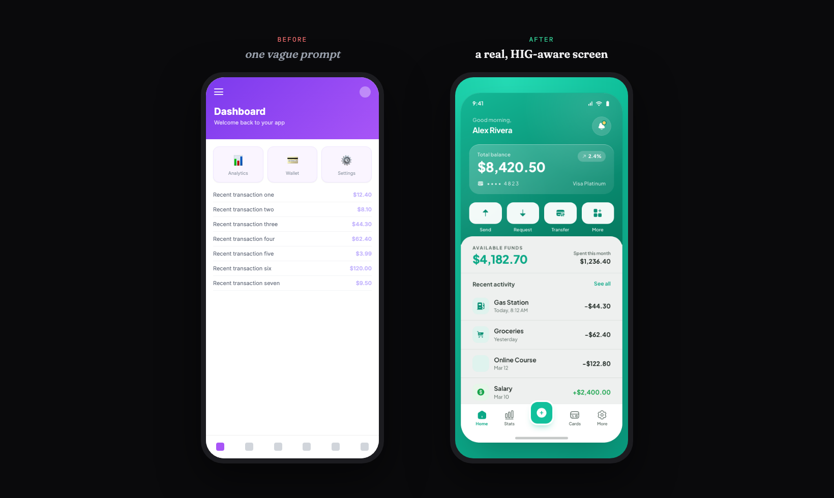 A generic AI-generated mobile screen with a hamburger menu and cramped rows next to a real, HIG-aware fintech wallet home screen