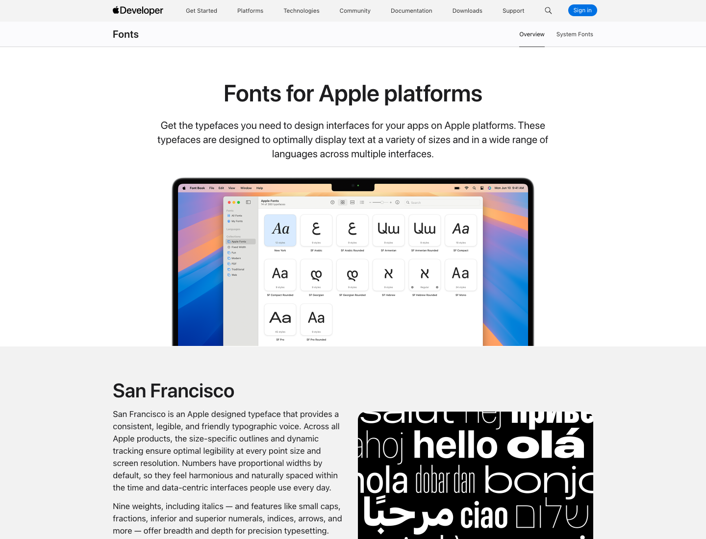 The Apple Fonts page showing San Francisco and other Apple typeface specimens across multiple scripts