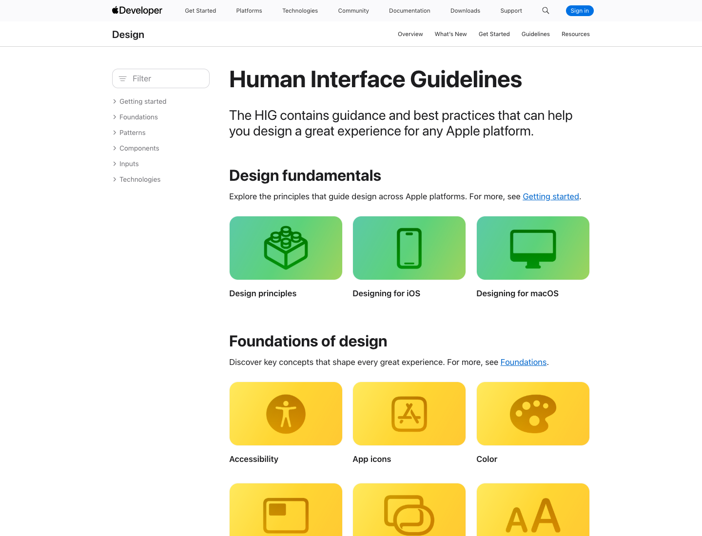 The Apple Human Interface Guidelines landing page showing the Design fundamentals and Foundations sections