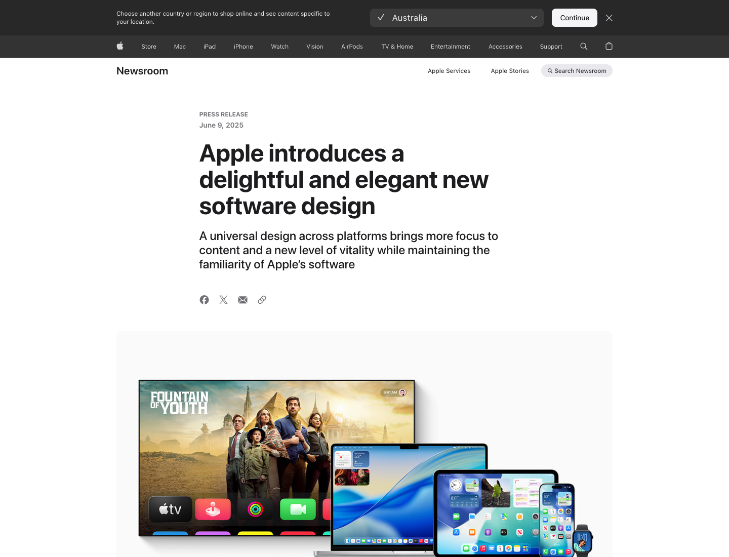 The Apple Newsroom post introducing Liquid Glass, showing the translucent new UI across iPhone, iPad, and Mac
