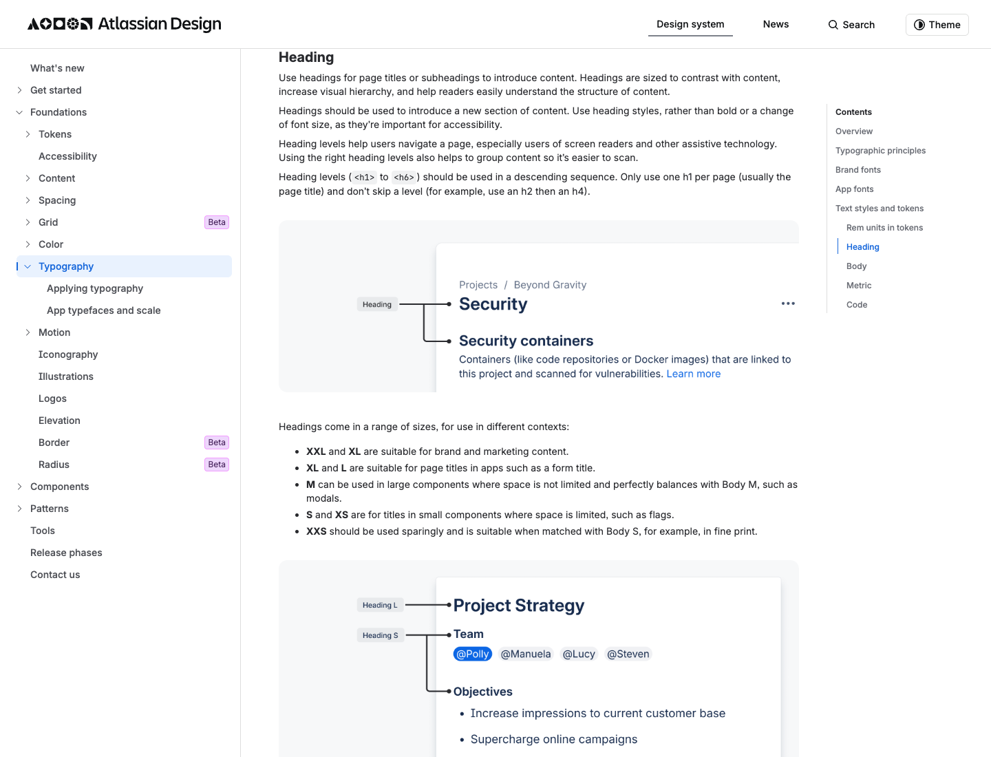 The Atlassian typography specimen showing headings, body text, and status Lozenges in context