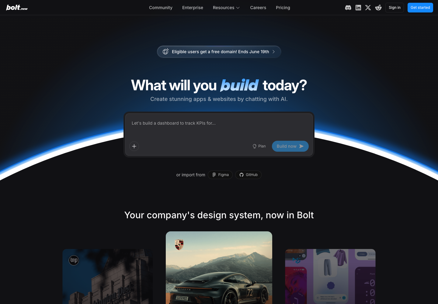 The bolt.new homepage section headed Your company's design system, now in Bolt, with the line Stop building from scratch, Start building on-brand, above example on-brand interface cards