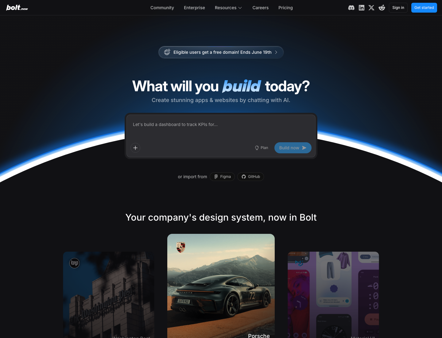 The bolt.new homepage with the headline What will you build today, a prompt box, a Let's build button, and Figma and GitHub import options