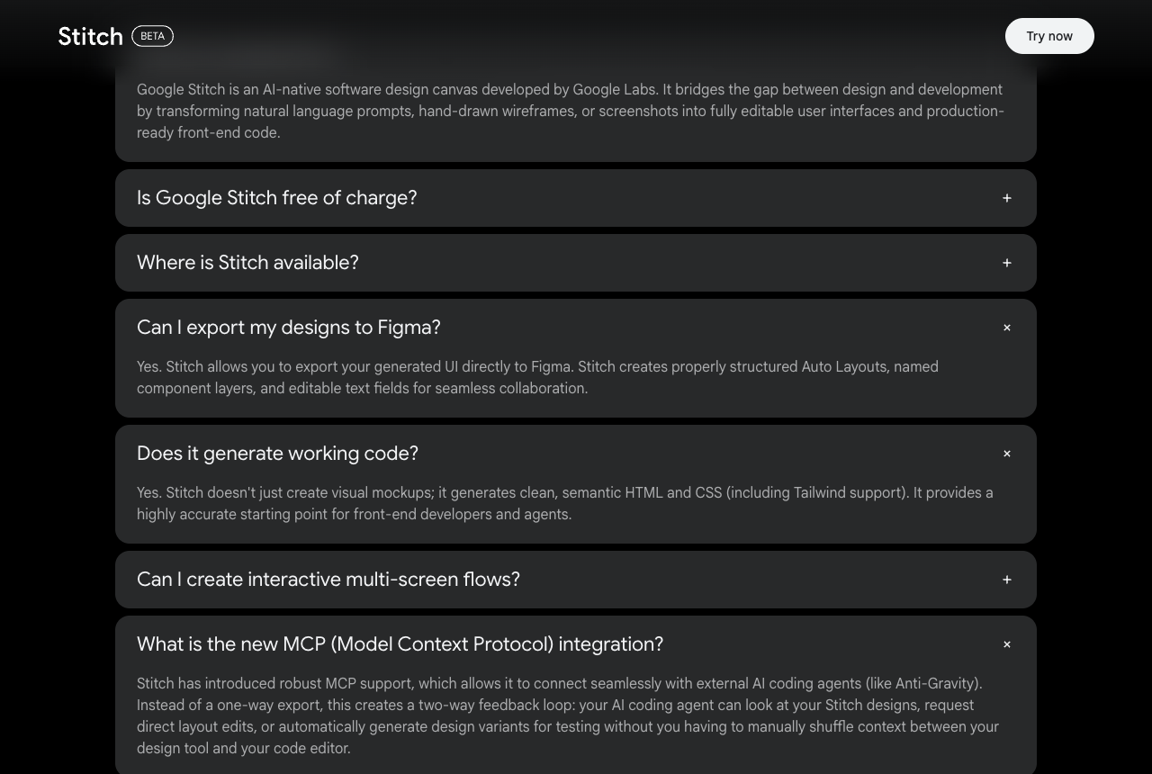 Google Stitch FAQ with answers expanded confirming Figma export with Auto Layouts, code generation as semantic HTML and CSS with Tailwind support, and MCP integration with external AI coding agents
