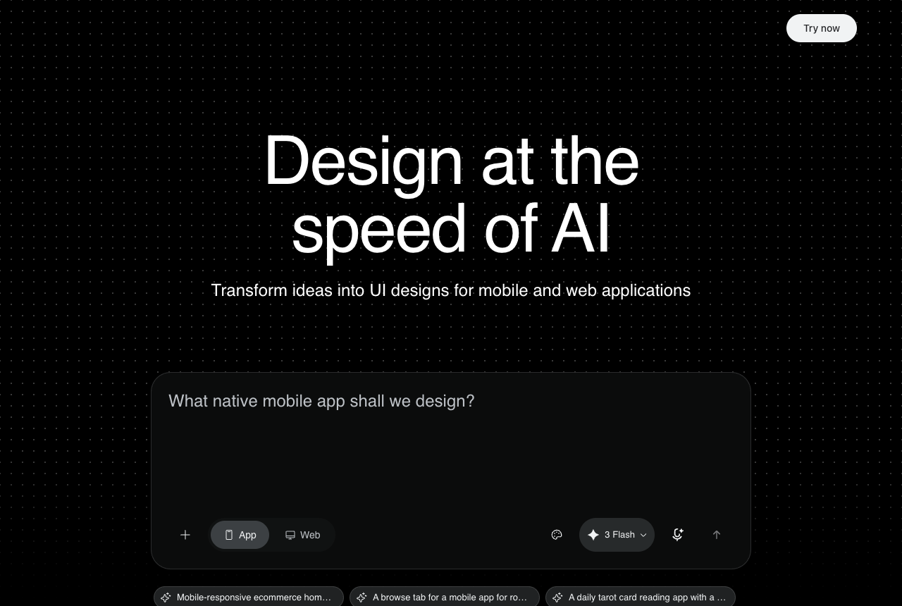 Google Stitch homepage with the headline Design at the speed of AI, a prompt box asking what native mobile app to design, an App and Web toggle, and a Gemini 3 Flash model picker