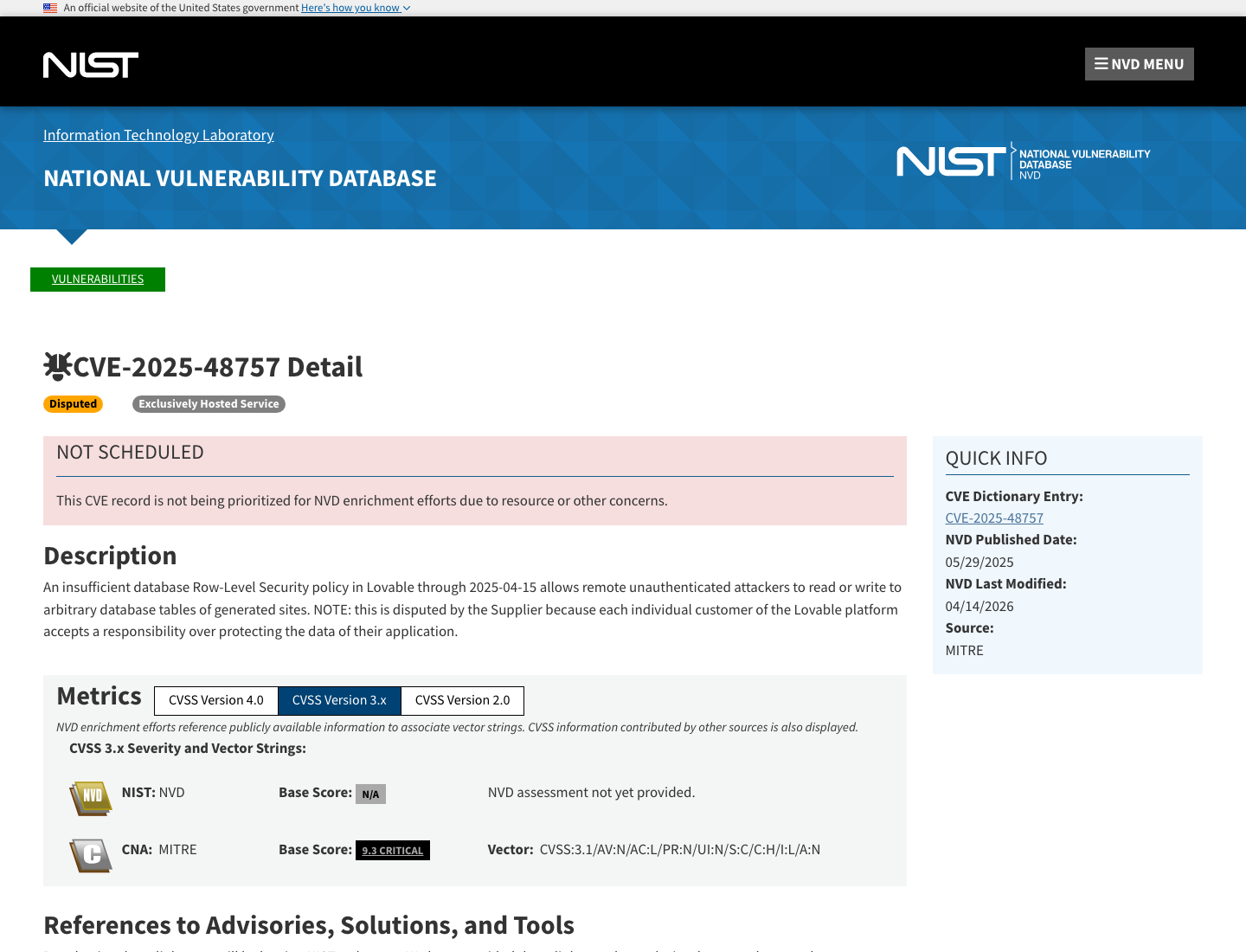 The NVD detail page for CVE-2025-48757 showing the Disputed badge, the description of the insufficient Row-Level Security policy in Lovable, and the CVSS base score of 9.3 Critical