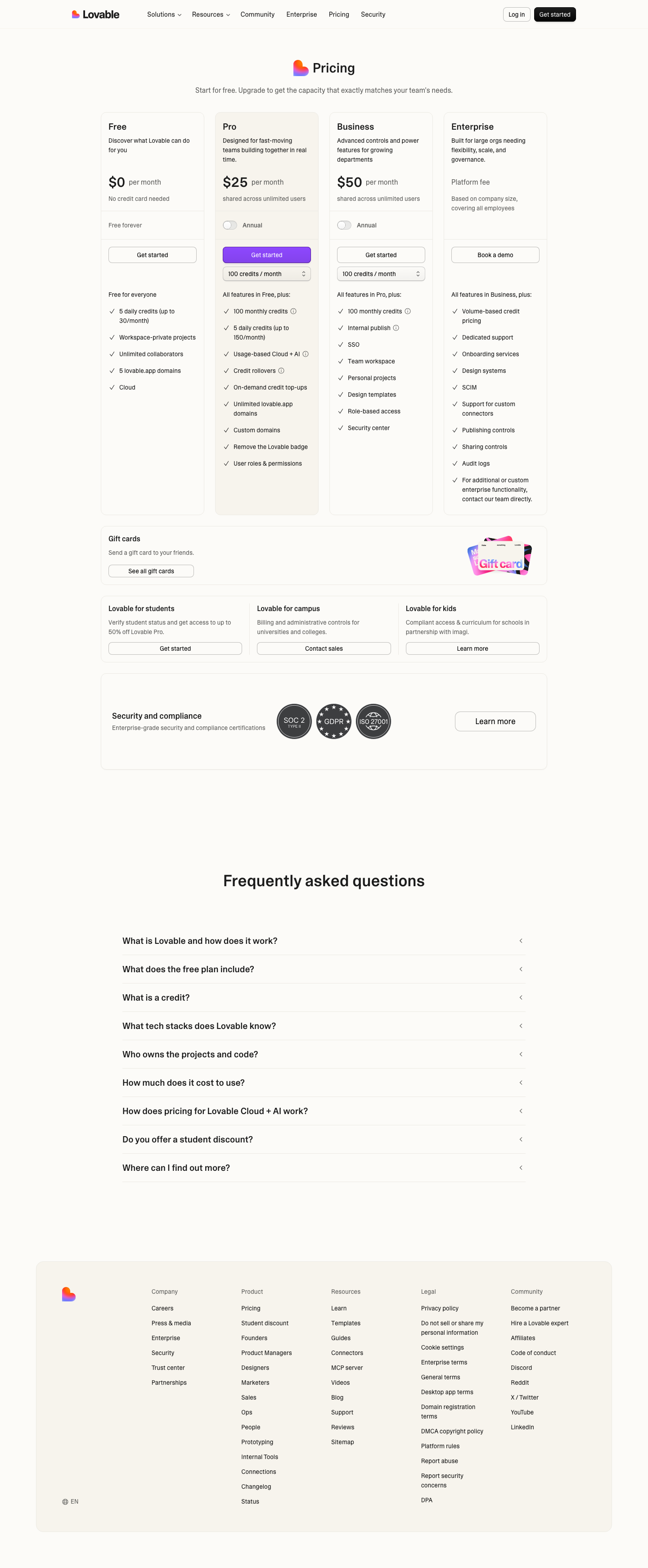 The Lovable pricing page showing four plan cards: Free at zero dollars, Pro at twenty-five dollars per month with 100 credits per month and 5 daily credits, Business at fifty dollars per month, and Enterprise with a platform fee and volume-based credit pricing