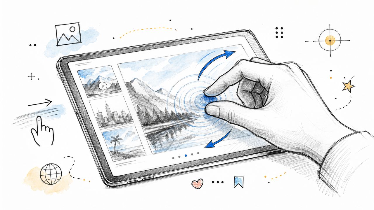 A hand-drawn sketch of a hand interacting with a tablet touchscreen, showing landscape images, navigation icons, and gesture indicators.