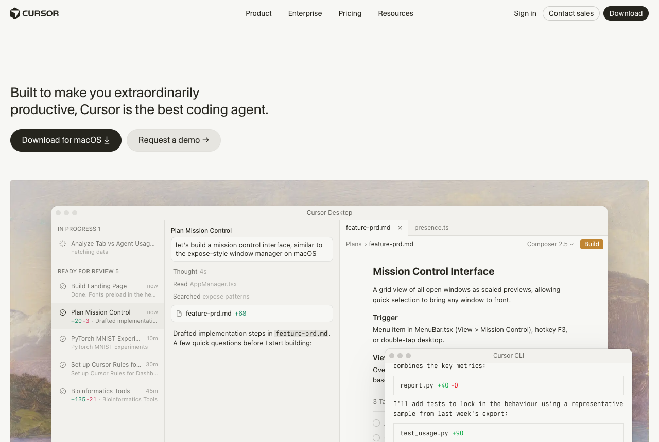 The Cursor homepage reading Cursor is the best coding agent