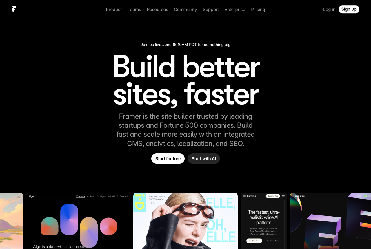 The Framer homepage with the headline Build better sites, faster, describing an integrated CMS, analytics, localization and SEO