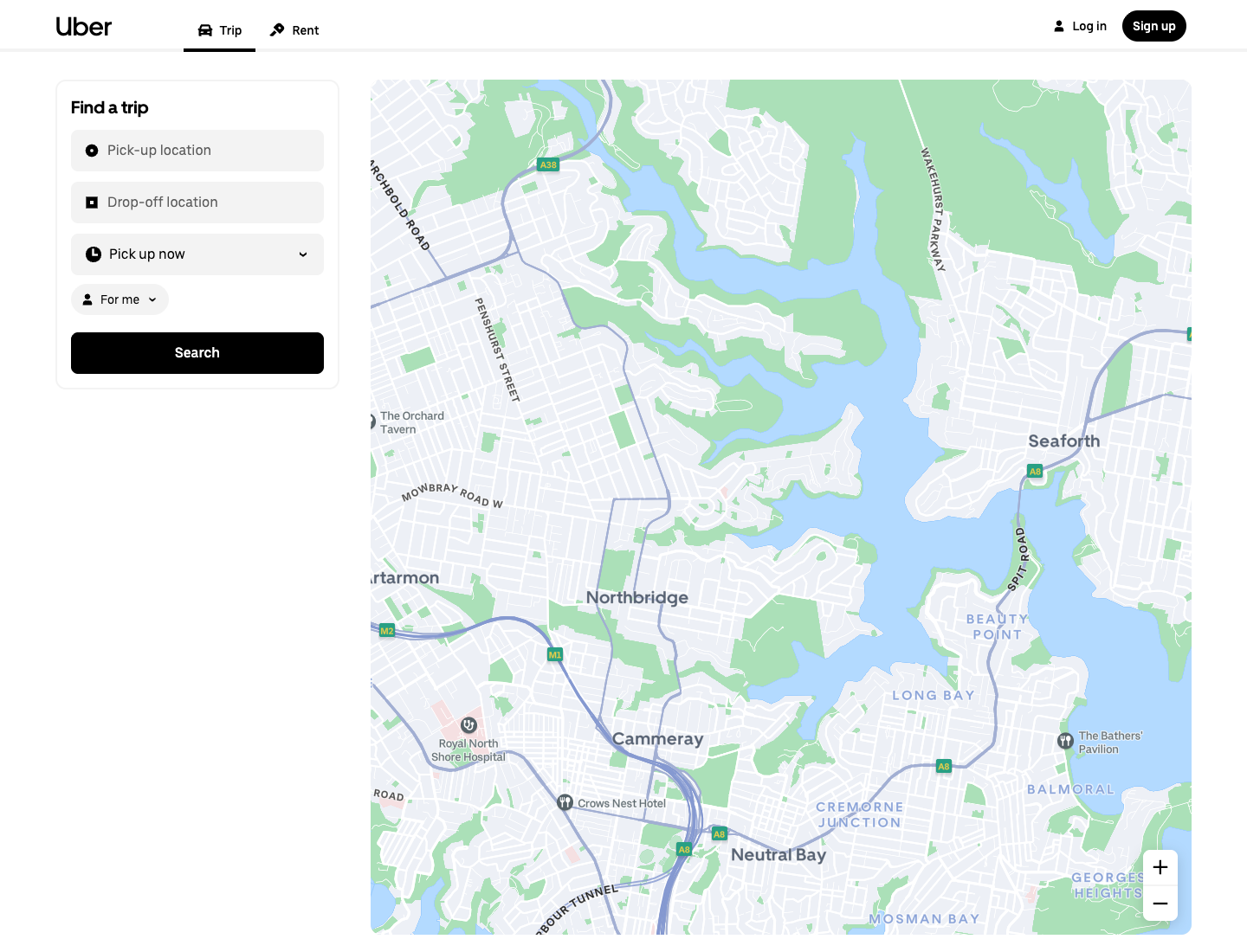 The live Uber rider web app showing a black Search button on a white panel, near black-and-white chrome, and a map doing the color work