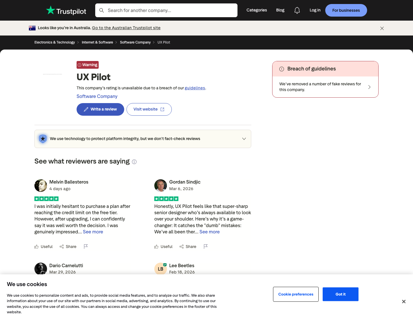 The UX Pilot page on Trustpilot showing a Breach of guidelines banner reading This company's rating is unavailable due to a breach of our guidelines and We've removed a number of fake reviews for this company, alongside the review list