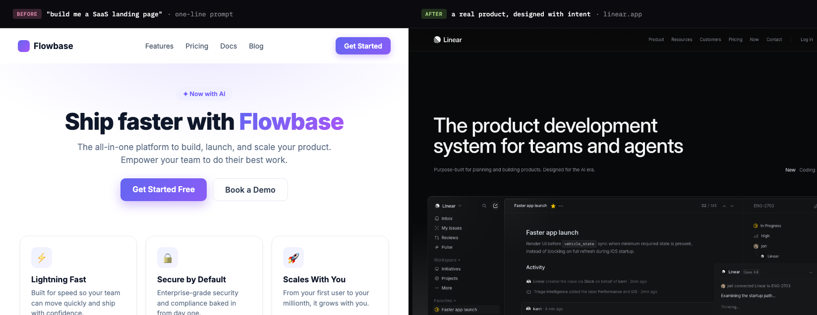 Side by side comparison. Left, a generic AI-generated SaaS landing page for a fictional product called Flowbase: a purple gradient logo and headline, a centered hero with two buttons, and a row of three rounded cards with emoji icons. Right, Linear's real website: a large confident headline reading The product development system for teams and agents, on a dark background, with a real product interface below it.