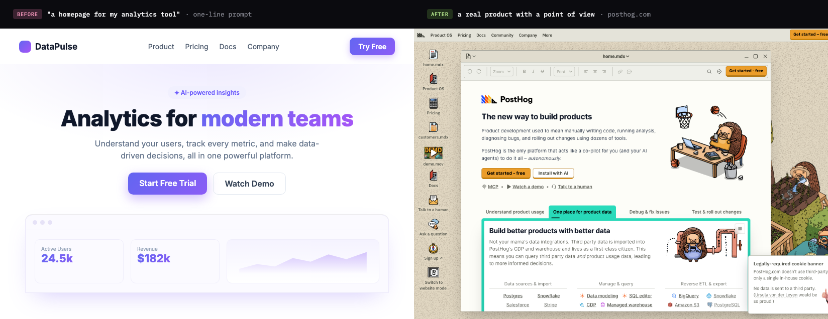 Side by side comparison. Left, a generic AI-generated analytics product homepage with a purple gradient headline and a faux dashboard mockup. Right, PostHog's homepage, full of hand-drawn illustrations and a playful, opinionated point of view.