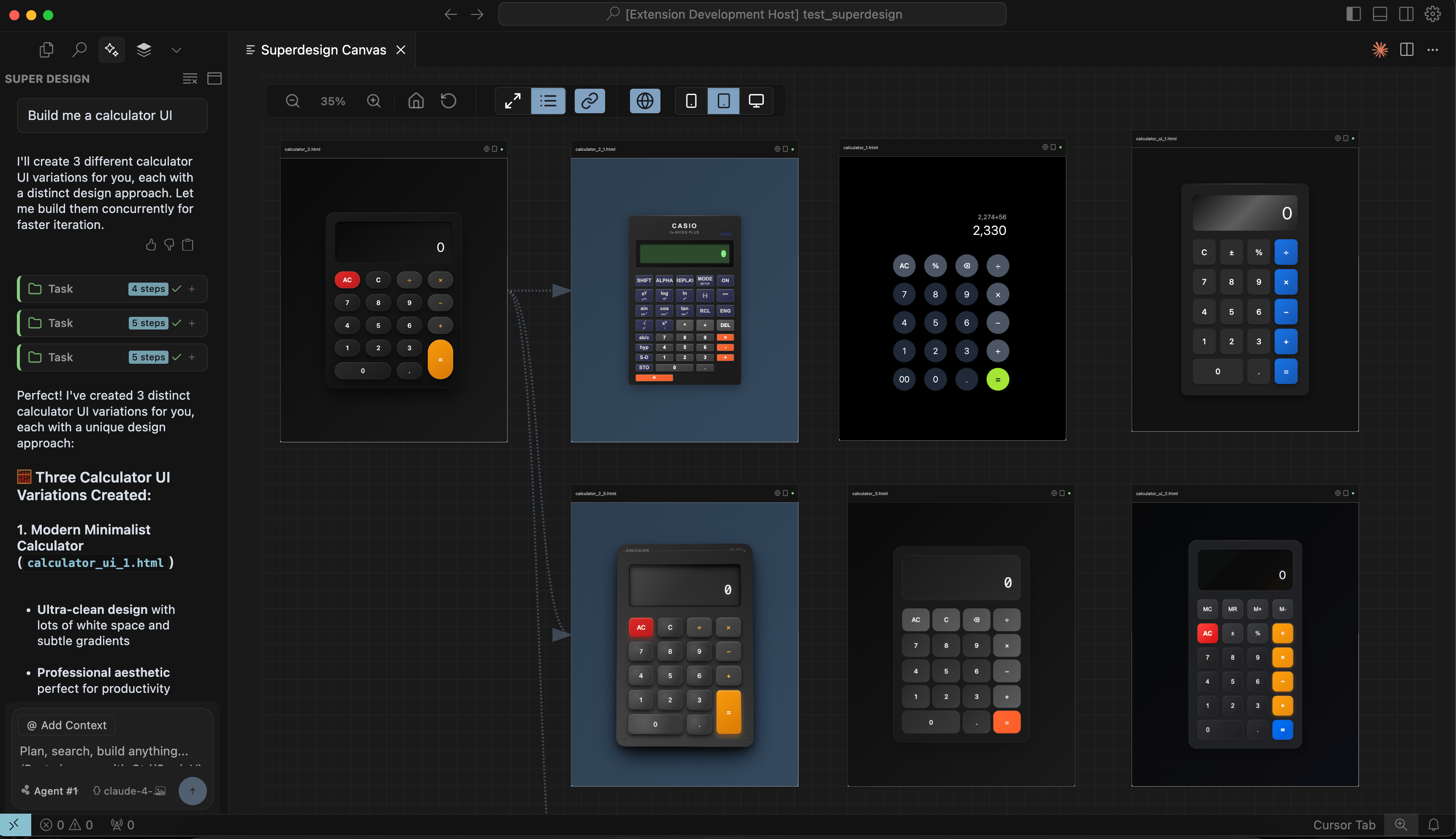 Superdesign.dev interface showing UI generation, mockup creation, and wireframe design tools